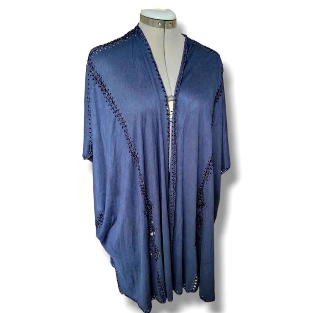 Chico's Vegan Suede Crochet Kimono Size S/M Navy Blue